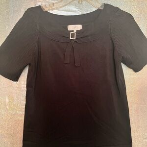 Black Women's Short Sleeve Knit Top with Square Buckle Detail